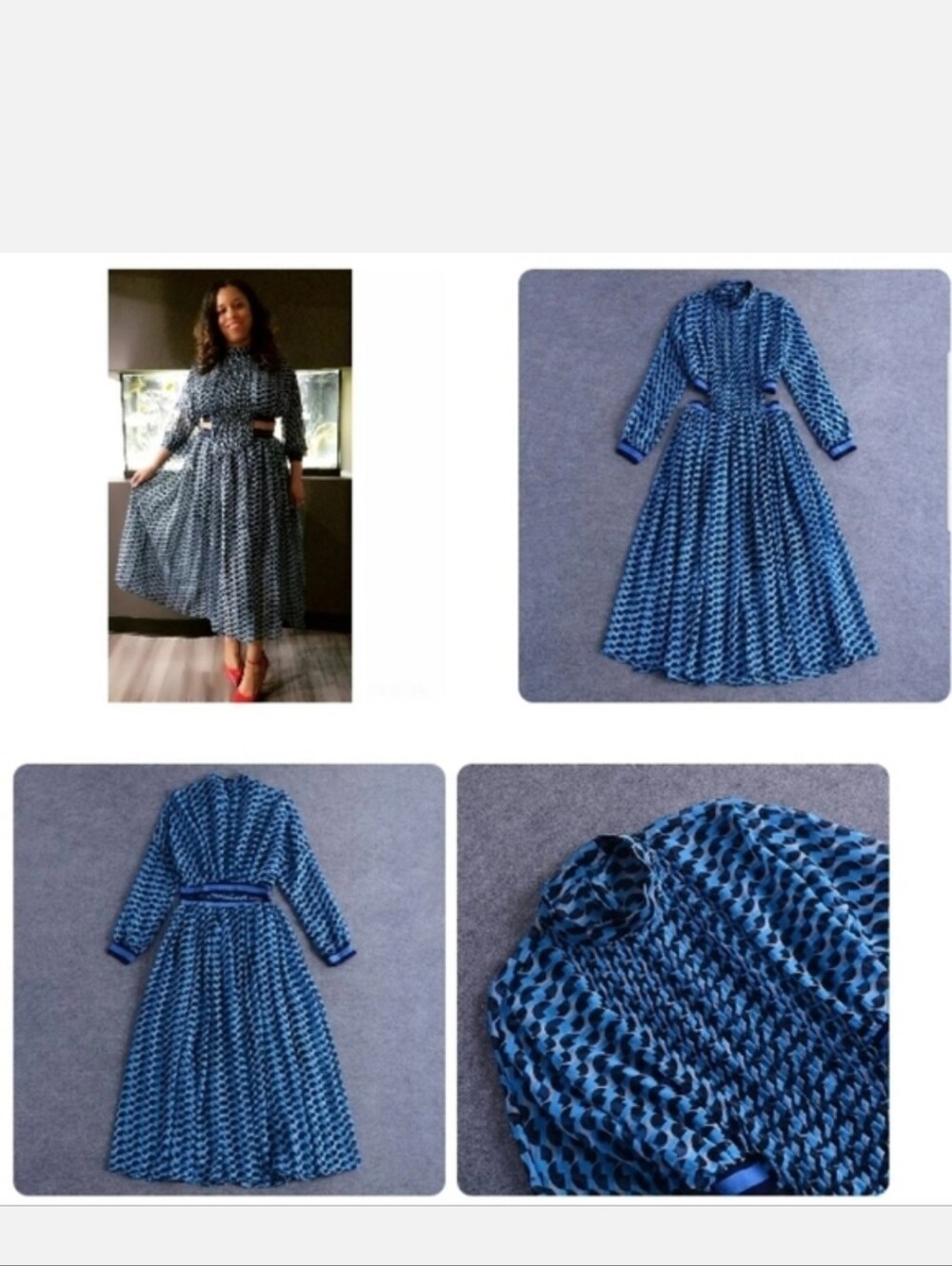 Blue Patterned Long-Sleeve Midi Dress - Picture 6 of 6